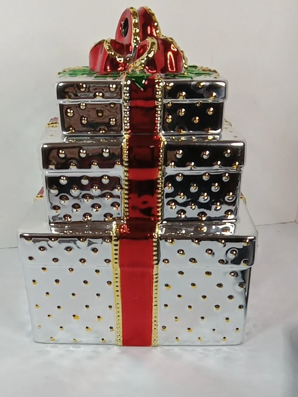 Metallic Red Ribbon Cermaic 3-tier Lidded Cookie Jar Burton & Burton
